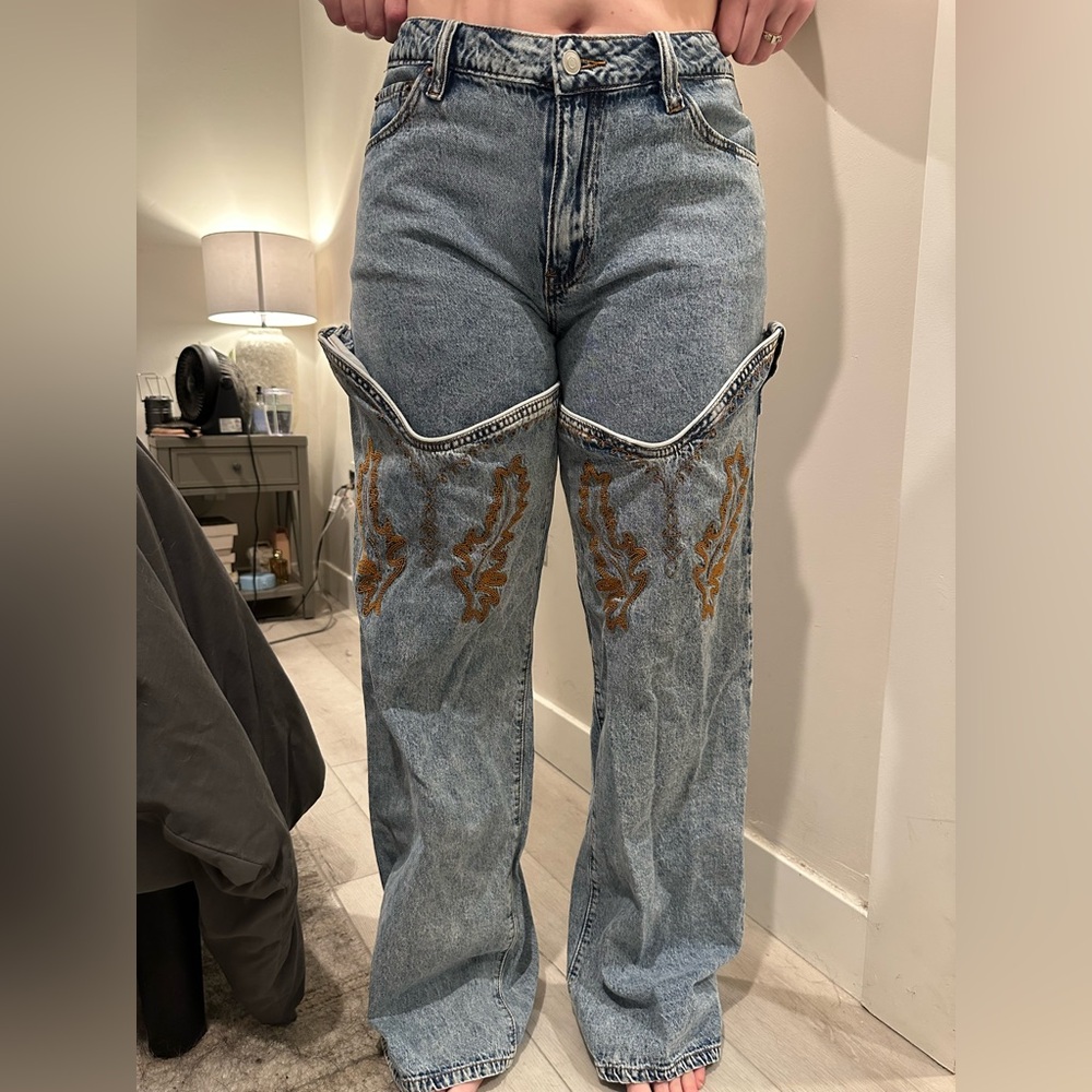 Fashion Nova Blue and Brown Flare Jeans